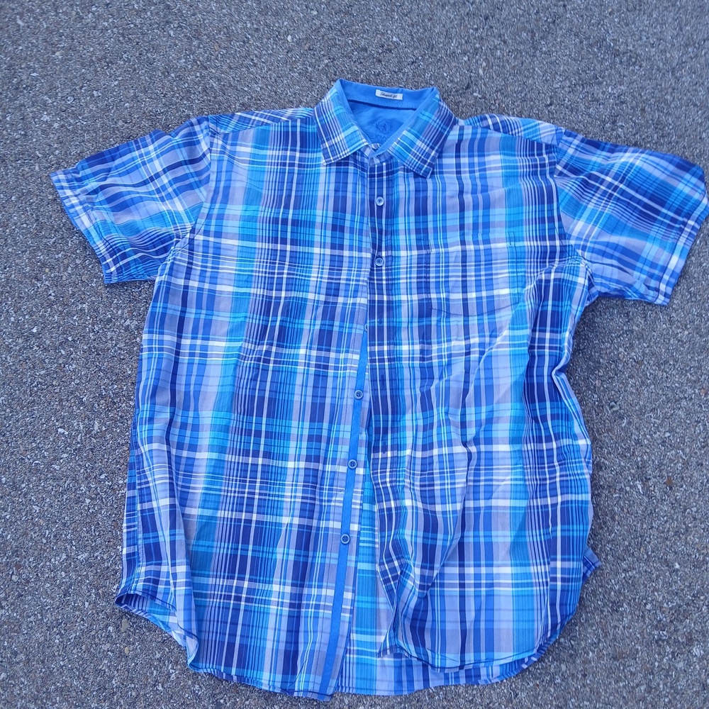 Bugatchi Uomo Shirt Mens Small Blue Plaid Short Sleeve Button Up Shaped Fit